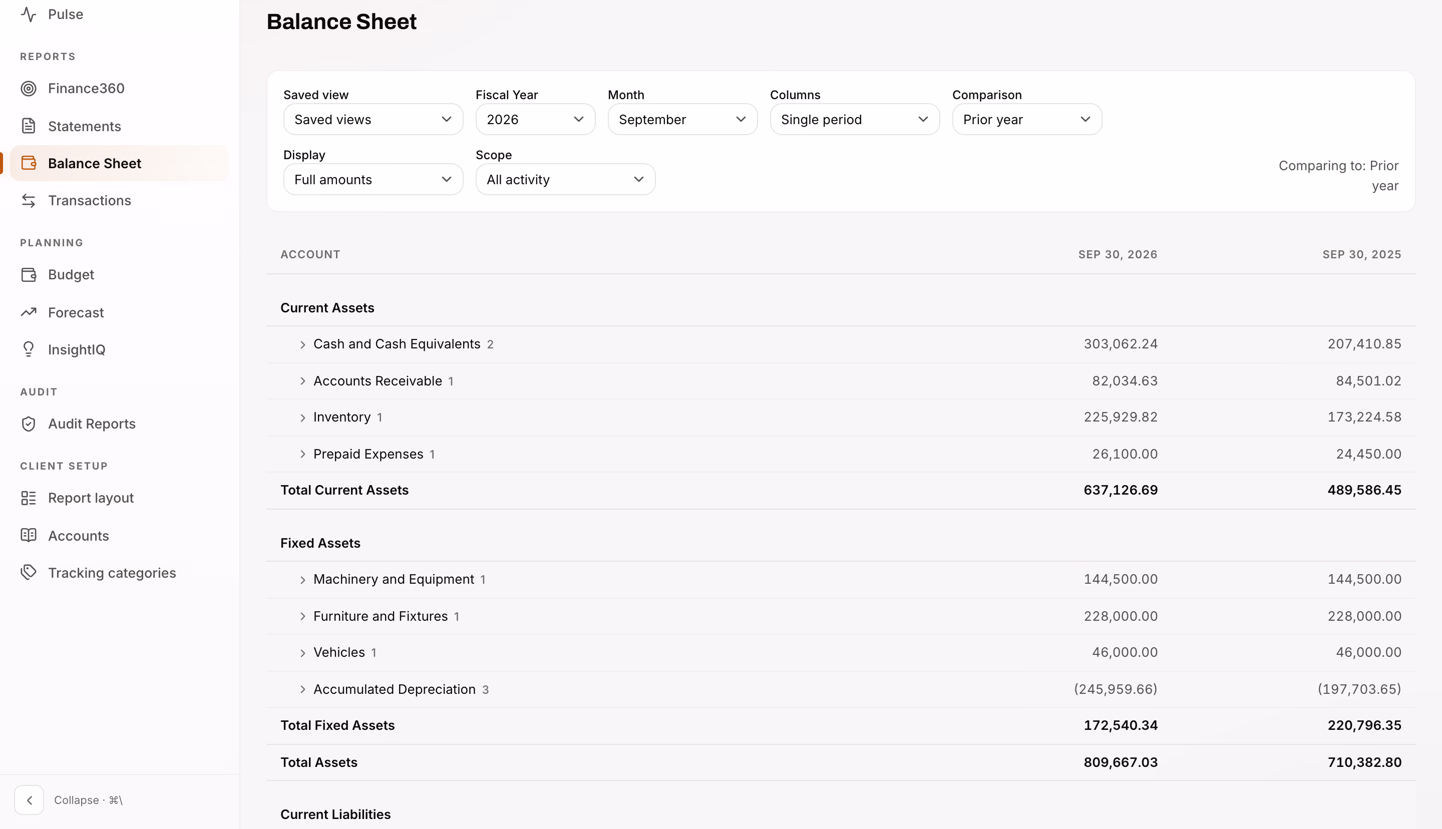 Balance Sheet at September 30, 2026 against September 30, 2025: current assets, fixed assets and total assets.