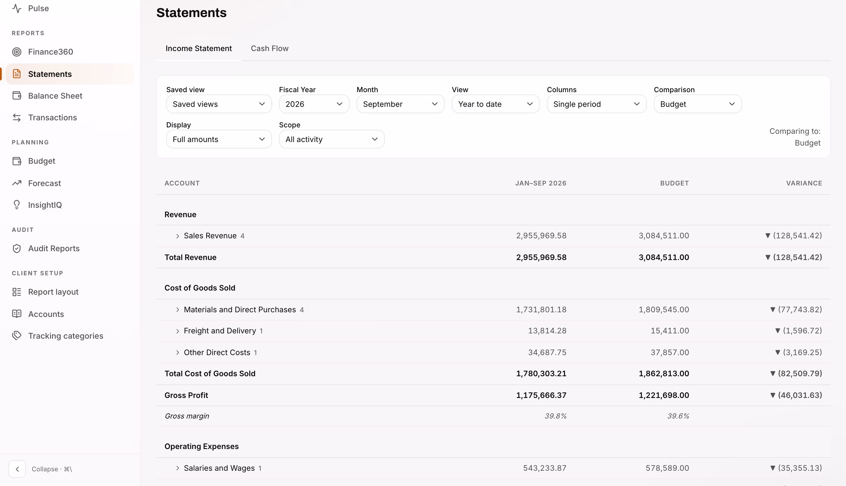Statements: the income statement for January to September 2026 against budget, with full amounts and variances.